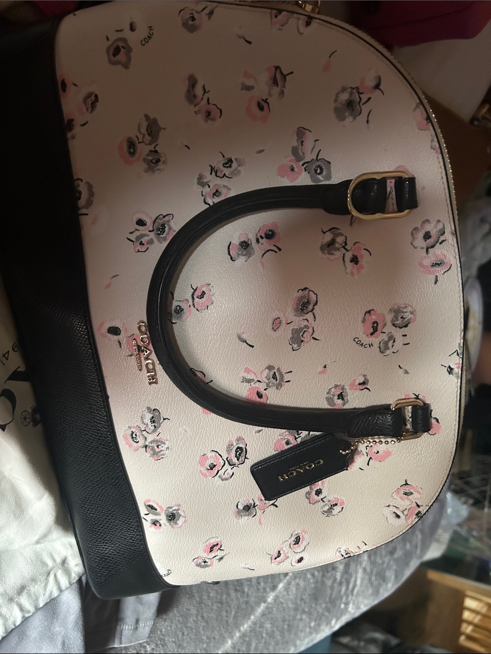 Coach Pink Floral Dome Satchel with Black Trim